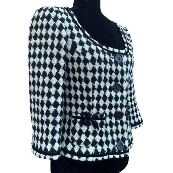 Trina Turk Women’s Black Diamond Pattern Tweed Blazer Velvet Bow Detail Size 4 - Picture 2 of 7